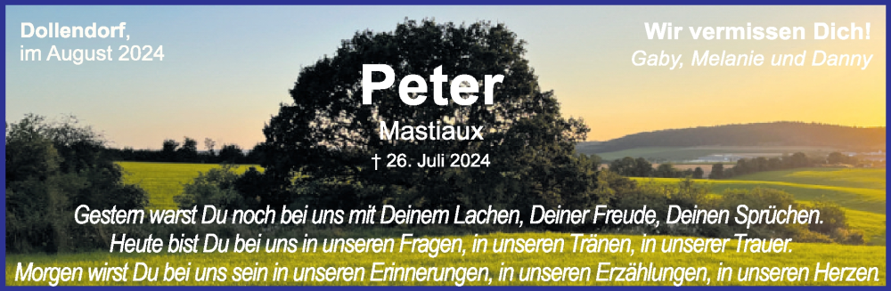  Traueranzeige für Peter Mastiaux vom 07.08.2024 aus WochenSpiegel