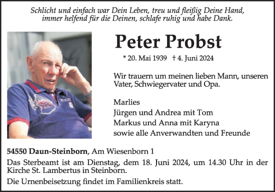 Traueranzeige von Peter Probst von WochenSpiegel