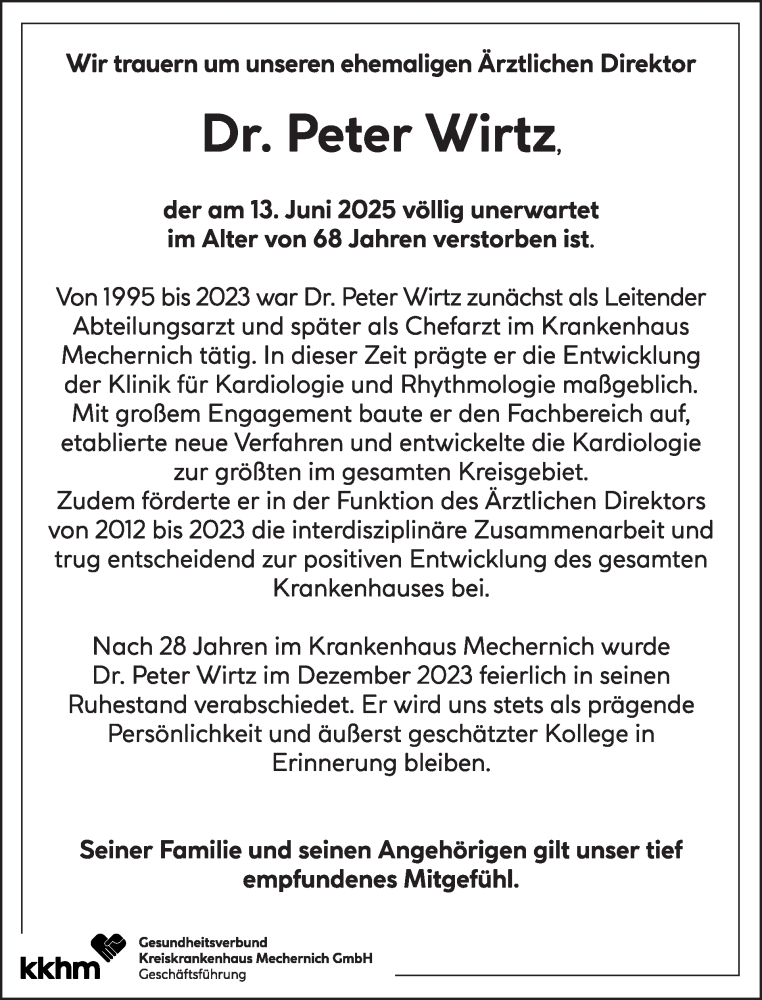  Traueranzeige für Peter Wirtz vom 25.06.2025 aus WochenSpiegel