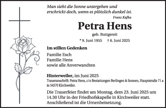 Traueranzeige von Petra Hens von WochenSpiegel
