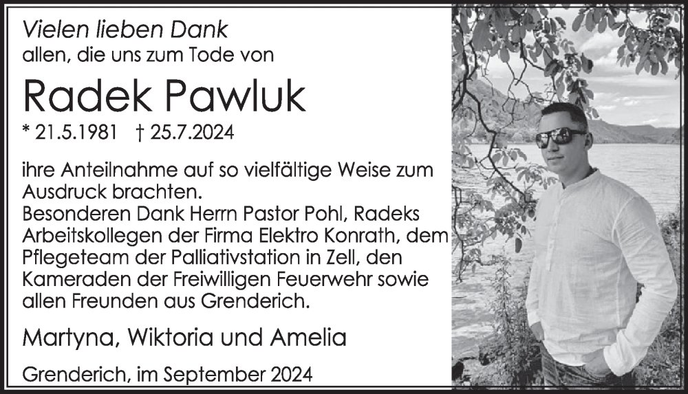  Traueranzeige für Radek Pawluk vom 11.09.2024 aus WochenSpiegel