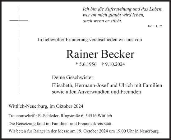 Traueranzeige von Rainer Becker von WochenSpiegel