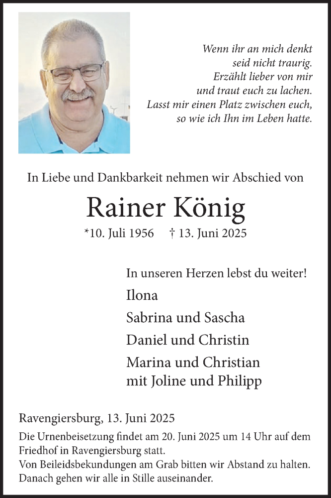  Traueranzeige für Rainer König vom 21.06.2025 aus WochenSpiegel