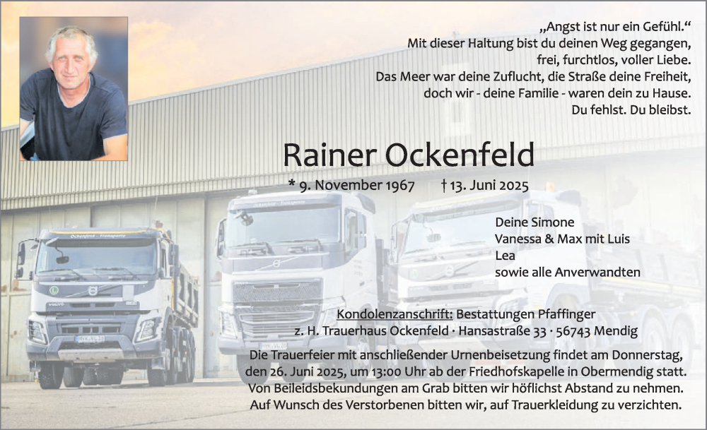  Traueranzeige für Rainer Ockenfeld vom 25.06.2025 aus WochenSpiegel