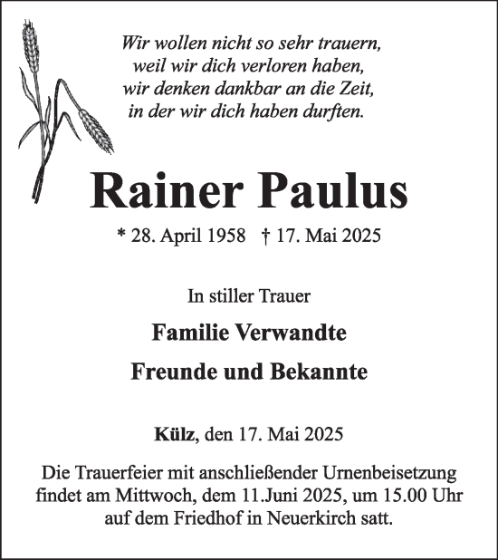Traueranzeige von Rainer Paulus von WochenSpiegel