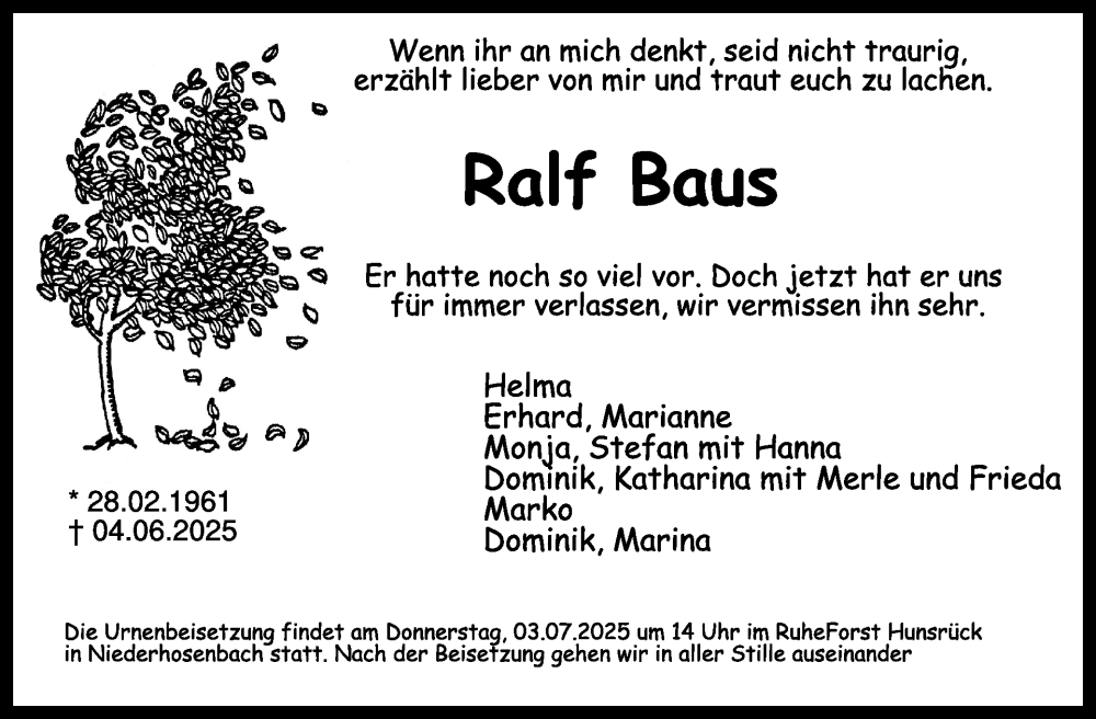  Traueranzeige für Ralf Baus vom 21.06.2025 aus WochenSpiegel