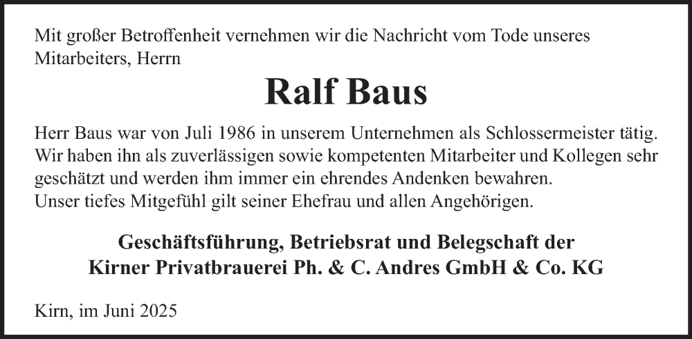  Traueranzeige für Ralf Baus vom 28.06.2025 aus WochenSpiegel
