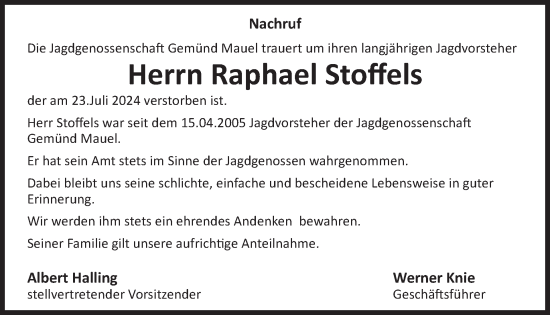 Traueranzeige von Raphael Stoffels von WochenSpiegel