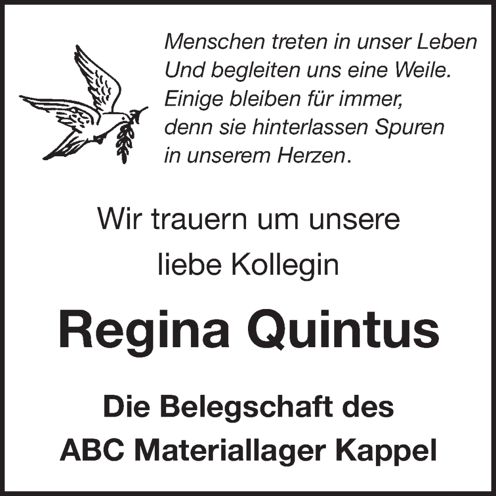  Traueranzeige für Regina Quintus vom 07.09.2024 aus WochenSpiegel