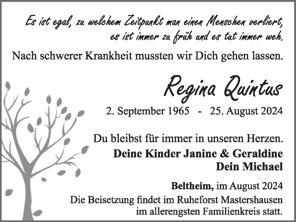  Traueranzeige für Regina Quintus vom 31.08.2024 aus WochenSpiegel