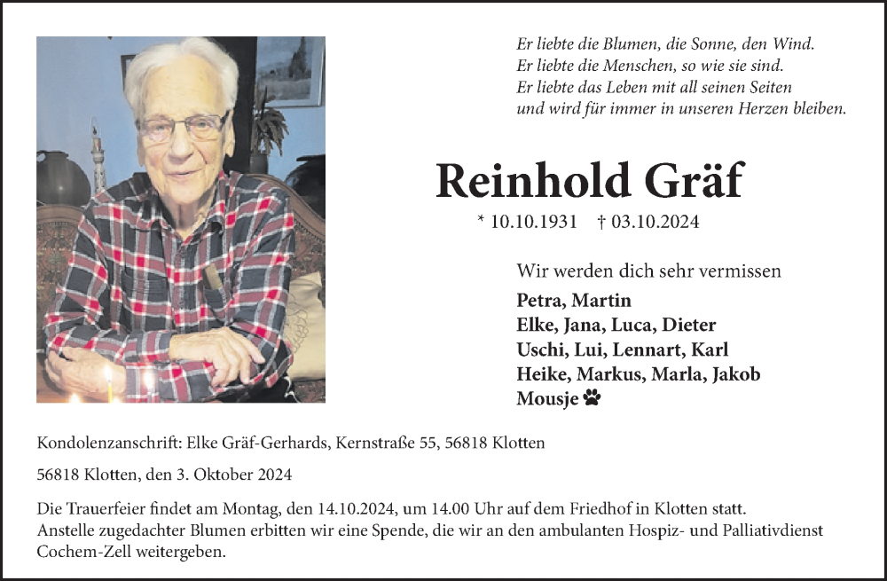  Traueranzeige für Reinhold Gräf vom 09.10.2024 aus WochenSpiegel