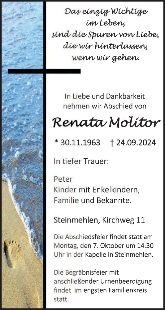  Traueranzeige für Renata Molitor  vom 04.10.2024 aus WochenSpiegel
