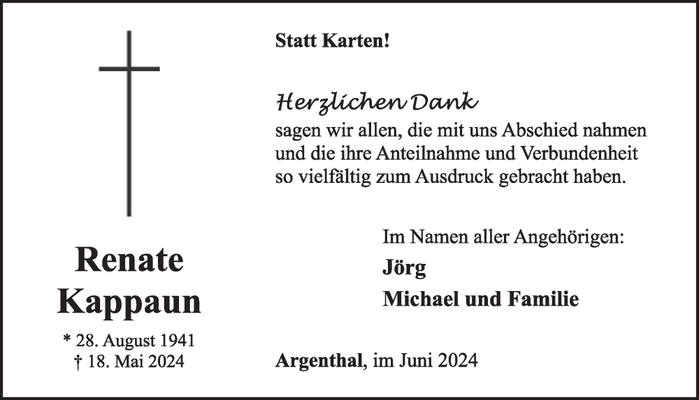  Traueranzeige für Renate Kappaun vom 29.06.2024 aus WochenSpiegel