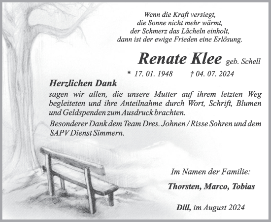 Traueranzeige von Renate Klee von WochenSpiegel