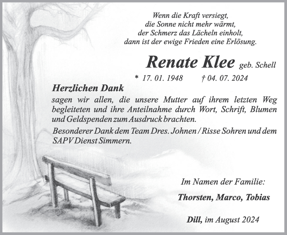  Traueranzeige für Renate Klee vom 24.08.2024 aus WochenSpiegel