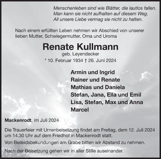 Traueranzeige von Renate Kullmann von WochenSpiegel