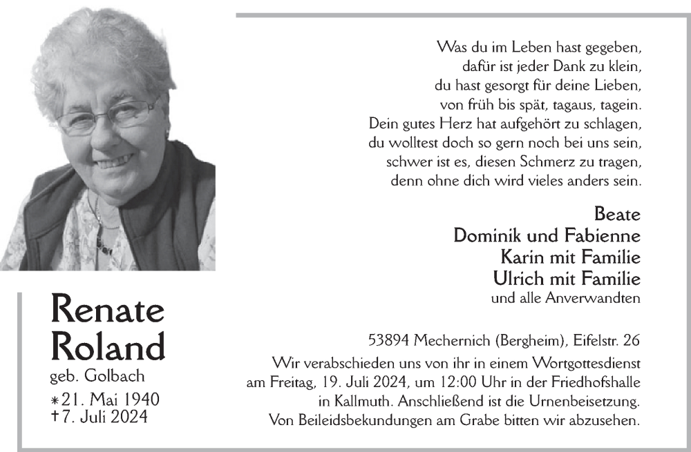  Traueranzeige für Renate Roland vom 17.07.2024 aus WochenSpiegel