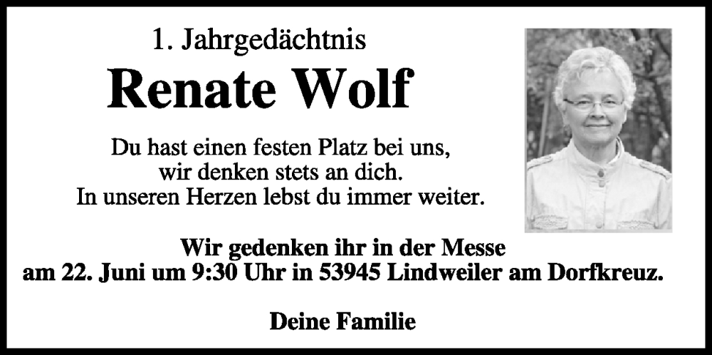  Traueranzeige für Renate Wolf vom 21.06.2025 aus WochenSpiegel