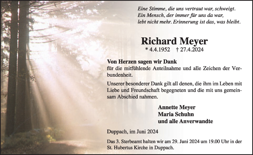  Traueranzeige für Richard Meyer vom 15.06.2024 aus WochenSpiegel