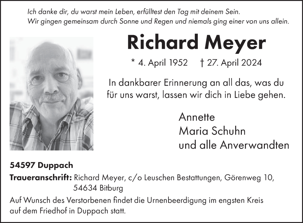  Traueranzeige für Richard Meyer vom 04.05.2024 aus WochenSpiegel