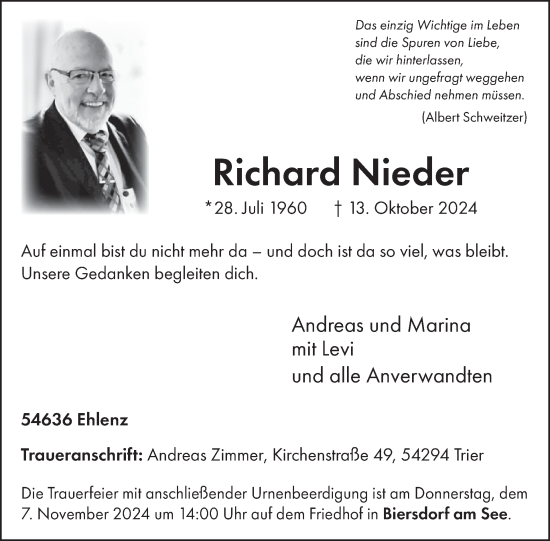 Traueranzeige von Richard Nieder von WochenSpiegel