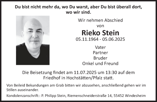 Traueranzeige von Rieko Stein von WochenSpiegel