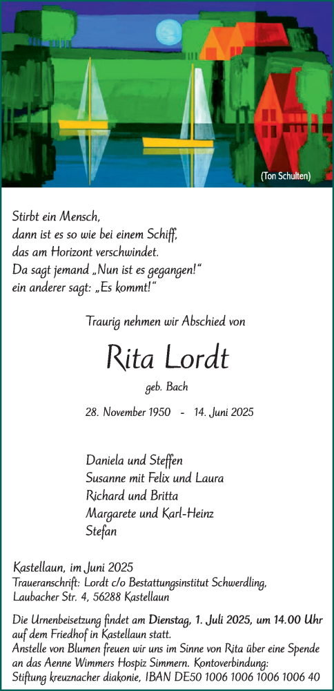 Traueranzeige von Rita Lordt von WochenSpiegel