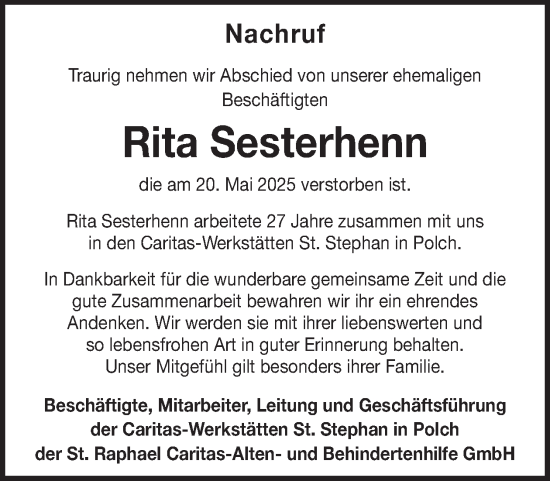 Traueranzeige von Rita Sesterhenn von WochenSpiegel