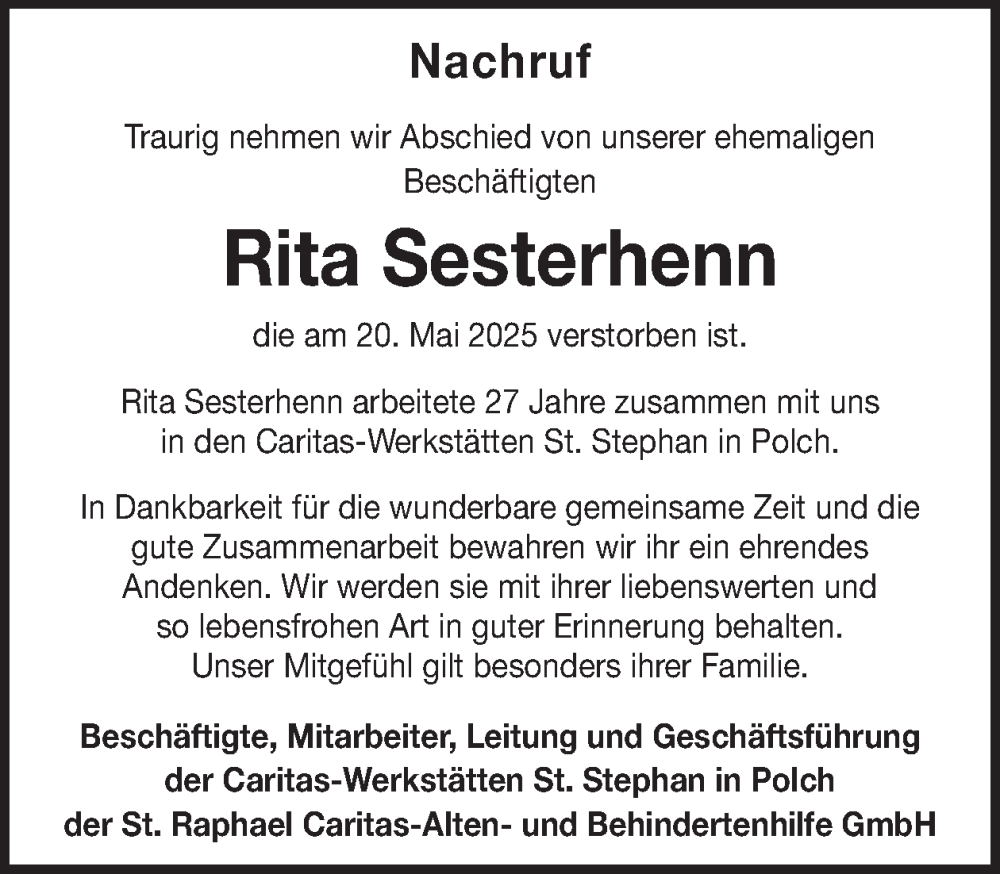  Traueranzeige für Rita Sesterhenn vom 04.06.2025 aus WochenSpiegel