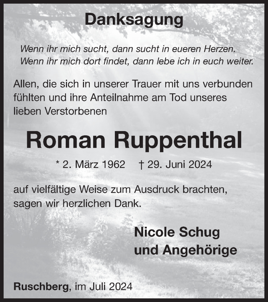  Traueranzeige für Roman Ruppenthal vom 27.07.2024 aus WochenSpiegel
