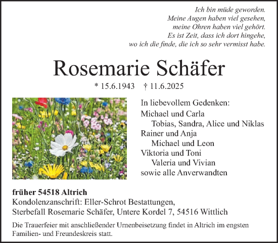 Traueranzeige von Rosemarie Schäfer von WochenSpiegel