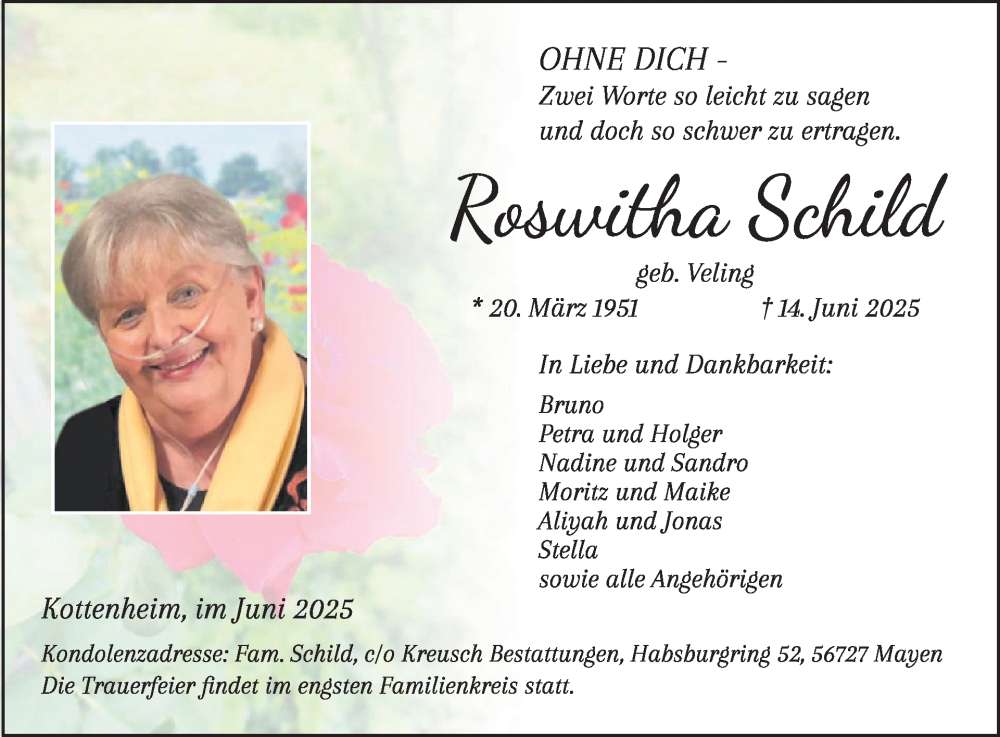  Traueranzeige für Roswitha Schild vom 25.06.2025 aus WochenSpiegel