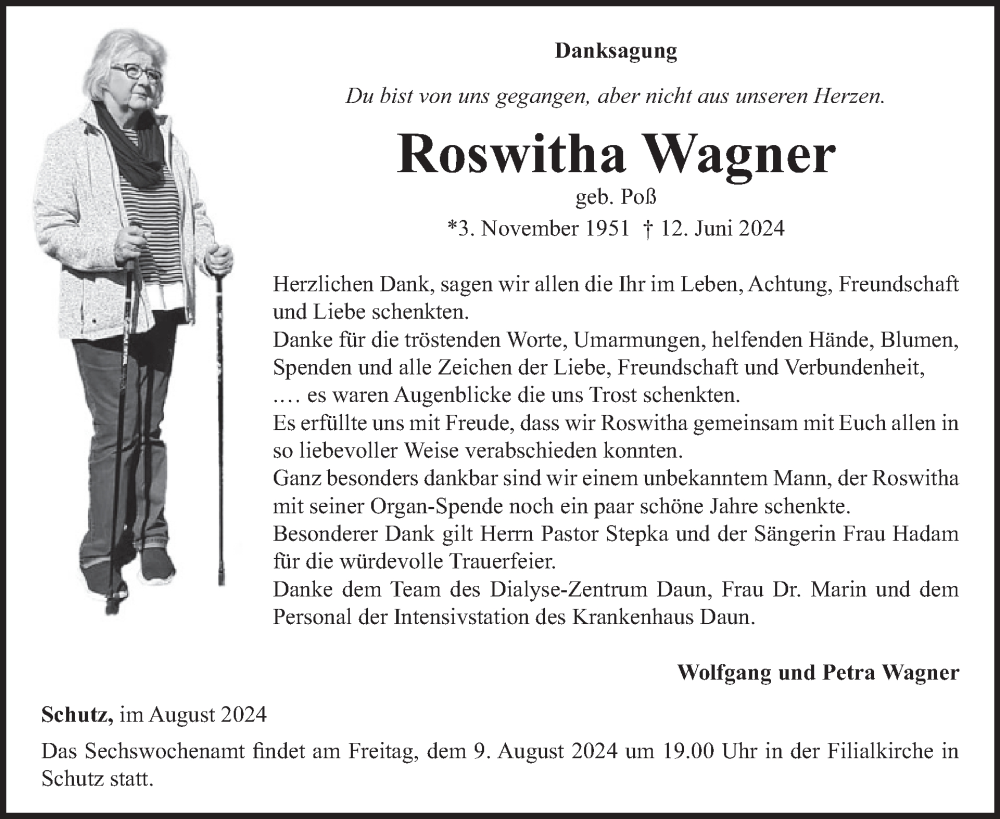  Traueranzeige für Roswitha Wagner vom 03.08.2024 aus WochenSpiegel