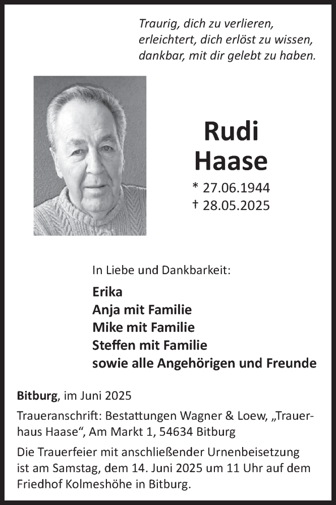  Traueranzeige für Rudi Haase vom 06.06.2025 aus WochenSpiegel