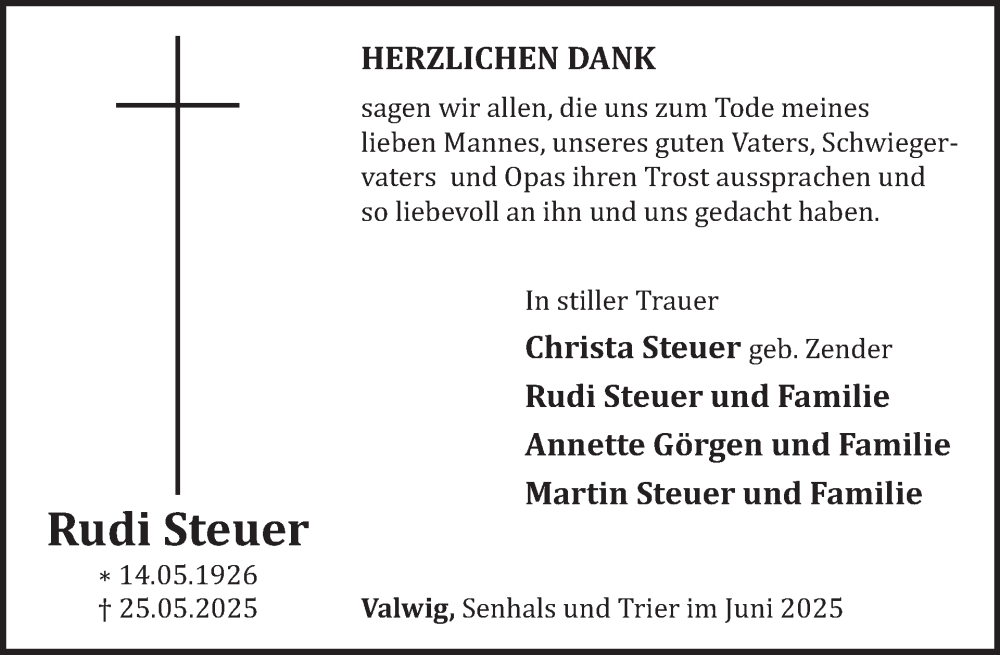  Traueranzeige für Rudi Steuer vom 25.06.2025 aus WochenSpiegel