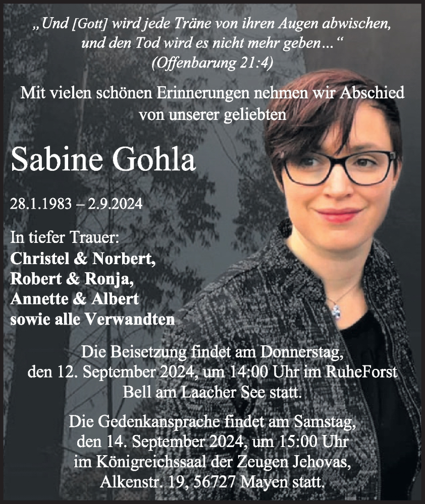  Traueranzeige für Sabine Gohla vom 11.09.2024 aus WochenSpiegel