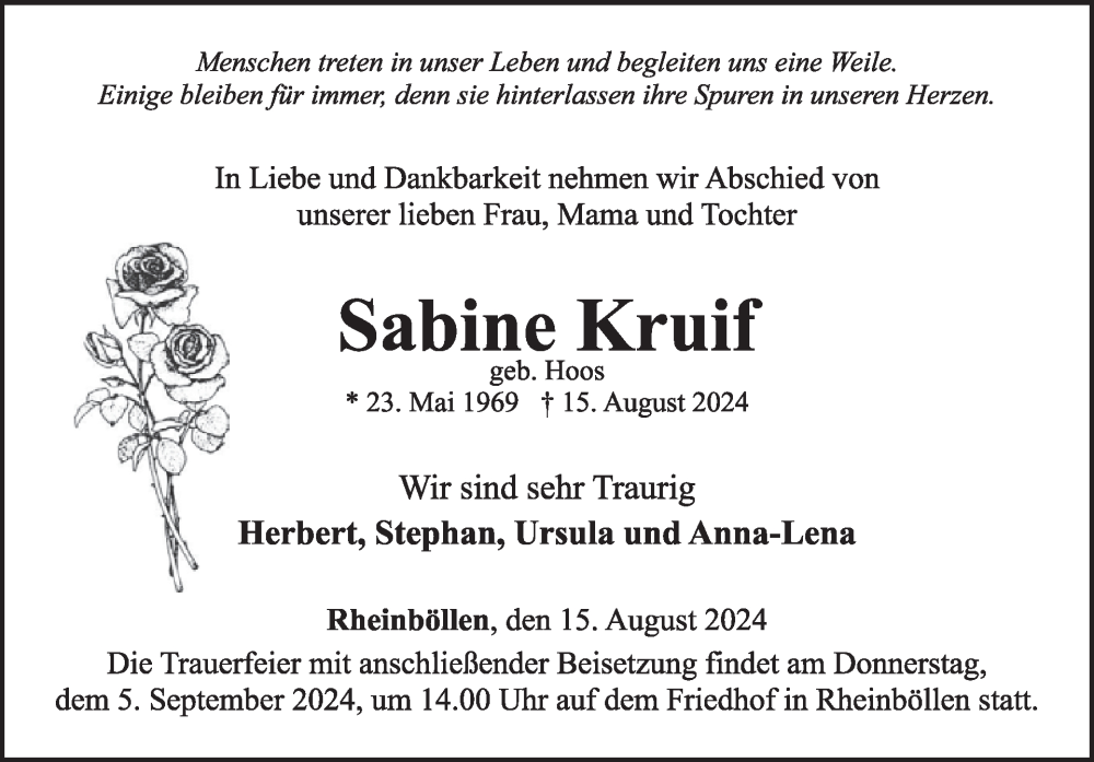  Traueranzeige für Sabine Kruif vom 24.08.2024 aus WochenSpiegel