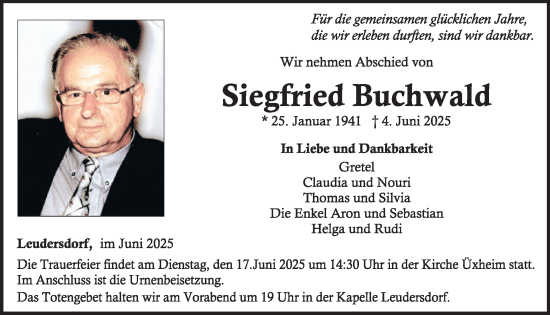 Traueranzeige von Siegfried Buchwald von WochenSpiegel