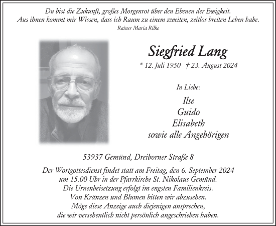 Traueranzeige von Siegfried Lang von WochenSpiegel