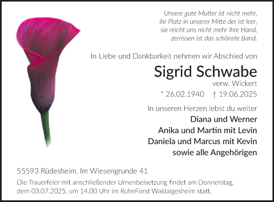 Traueranzeige von Sigrid Schwabe von WochenSpiegel