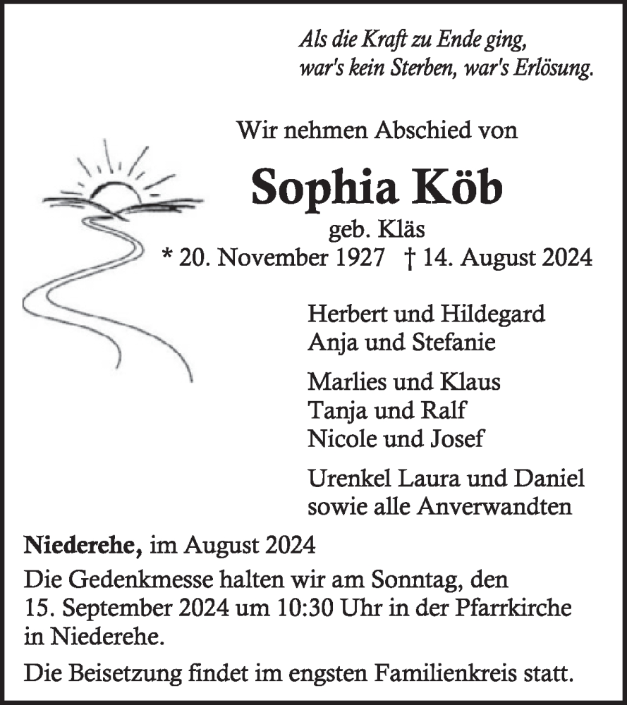  Traueranzeige für Sophia Köb vom 24.08.2024 aus WochenSpiegel