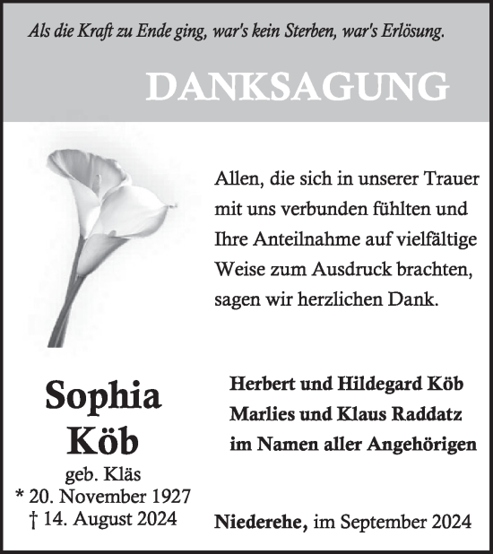 Traueranzeige von Sophia Köb von WochenSpiegel