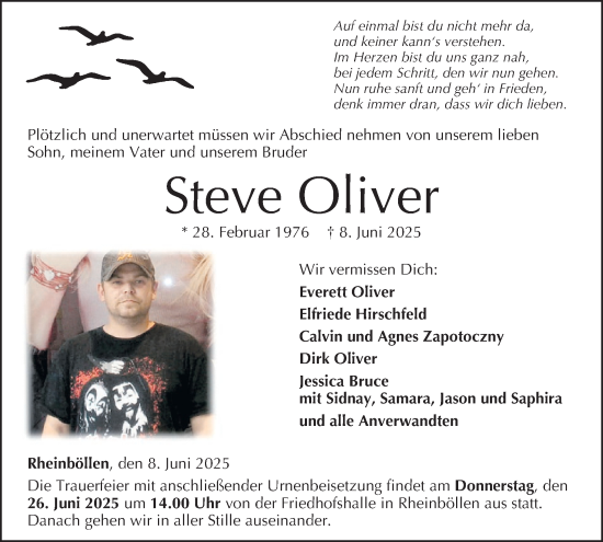 Traueranzeige von Steve Oliver von WochenSpiegel