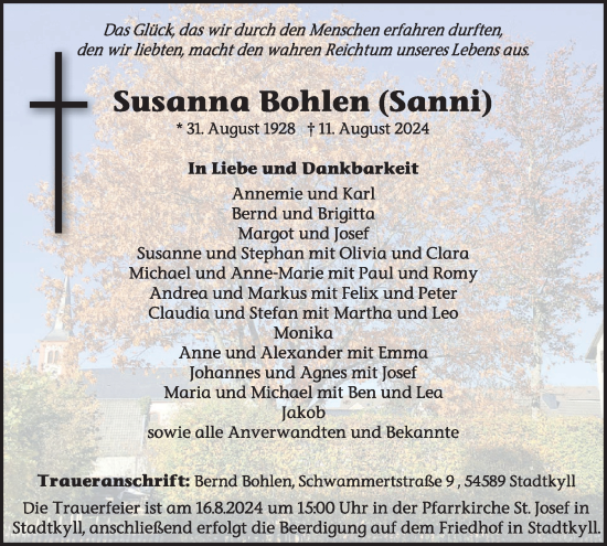 Traueranzeige von Susanna Bohlen von WochenSpiegel