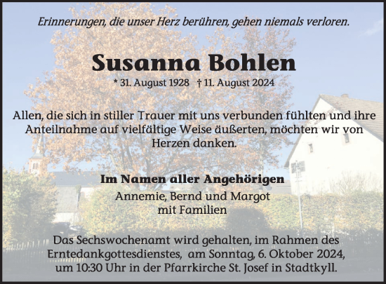 Traueranzeige von Susanna Bohlen von WochenSpiegel