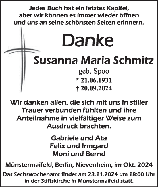 Traueranzeige von Susanna Maria Schmitz von WochenSpiegel