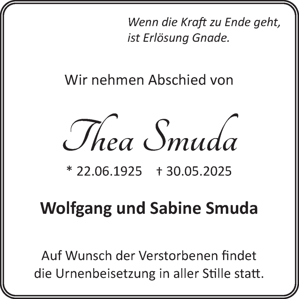  Traueranzeige für Thea Smuda vom 07.06.2025 aus WochenSpiegel