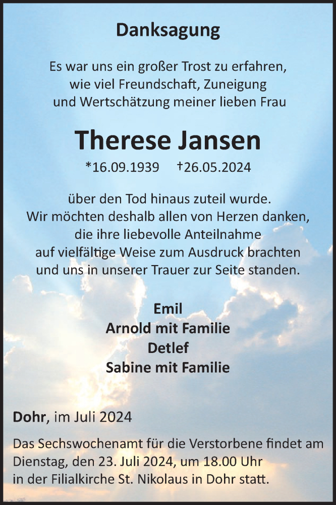  Traueranzeige für Therese Jansen vom 10.07.2024 aus WochenSpiegel