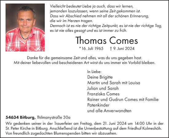 Traueranzeige von Thomas Comes von WochenSpiegel