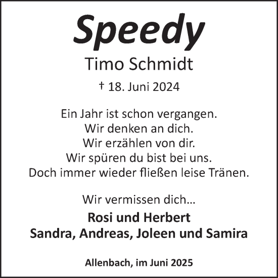 Traueranzeige von Timo Schmidt von WochenSpiegel